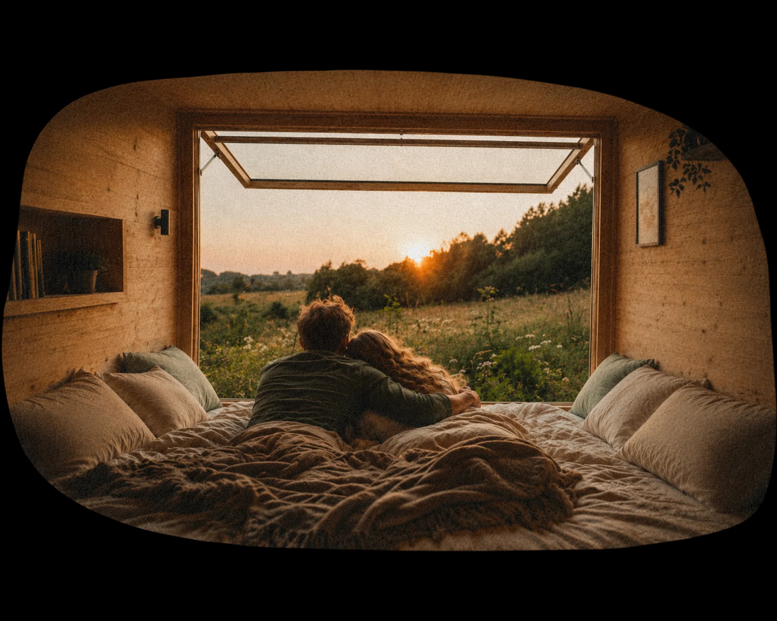 Paar liegt entspannt im Tiny House mit Blick in die Natur