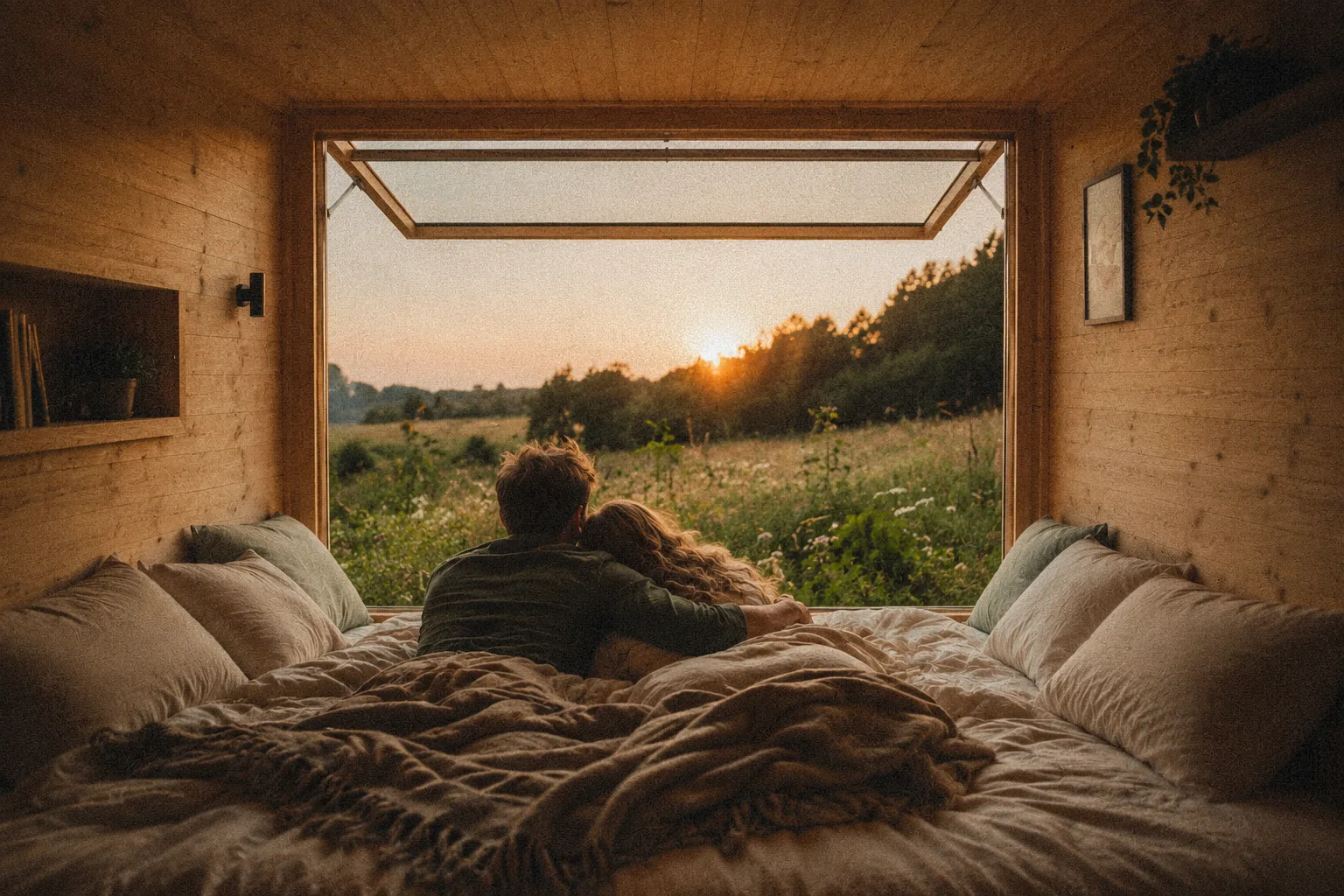 Paar liegt entspannt im Tiny House und blickt in die Natur
